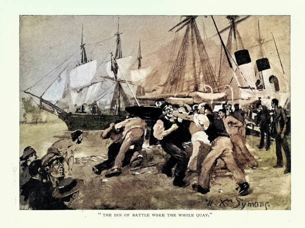 istock Drunk sailors fighting punching each other during fight on the quay, Victorian 19th Century, Vintage illustration 2152958098