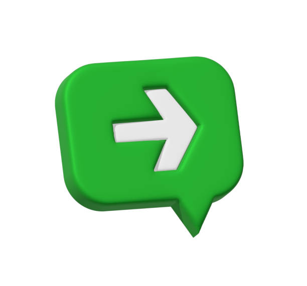 3D Right Arrow icon on Green Speech Bubble isolated on white background. 3d share icon arrow forward social sign in modern glossy speech bubble for social media notification icons. Next repost buttons.