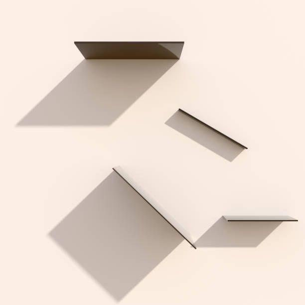 Study of lights and shadows with simple shelves and one wall. Sparse copy space available. CGI
