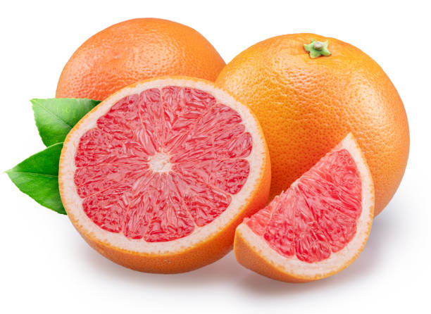 istock Red grapefruits and grapefruit slices on white background. File contains clipping path. 2152964930