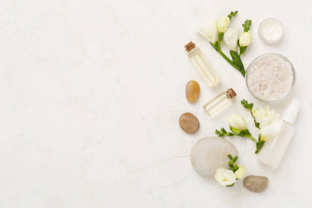 istock Flat lay with spa products and flowers on concrete background 2152966364