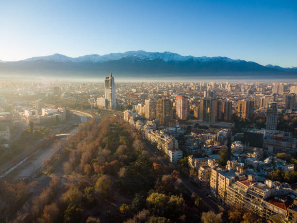 Aerial view of Santiago de Chile downtown at autumn at dawn