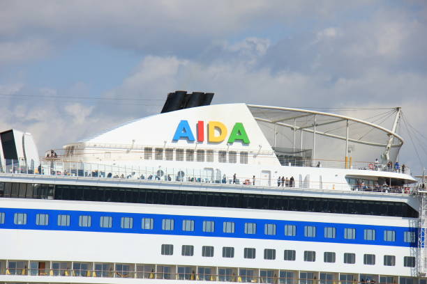 IJmuiden, the Netherlands -April 29th, 2017:   Aida Luna at Felison Cruise Terminal IJmuiden, detail of ship