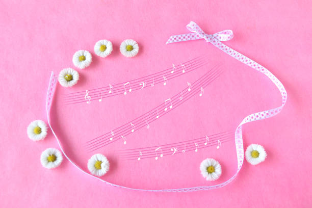 istock white daisy and ribbon frame with music score on pink background. 2152974818