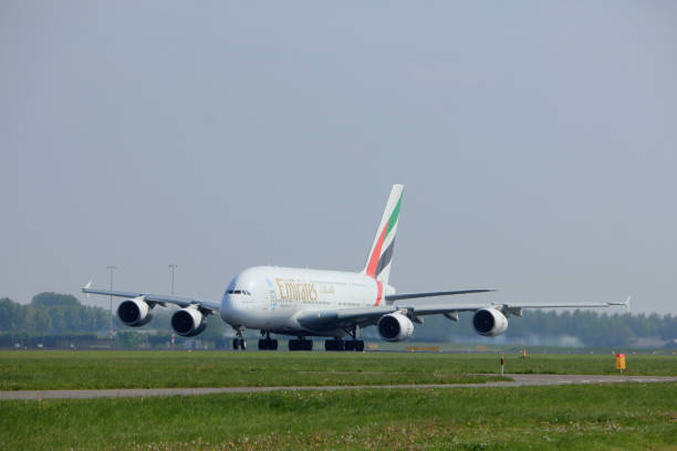 Amsterdam the Netherlands - May 6th, 2017: A6-EEX Emirates Airbus A380-800 takeoff from Polderbaan runway, Amsterdam Schiphol Airport