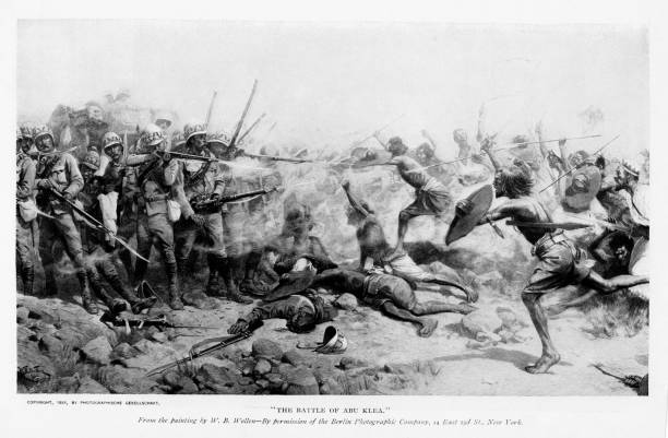 Battle of Abu Klka, Sudan, Africa, British and African History Battle between British and Sudanese at Abu Klka, Sudan, Africa, by artst W B Wollen. Engraving published in 1898. Original edition is from my own archives. Copyright has expired and is in Public Domain. bayonet stock illustrations