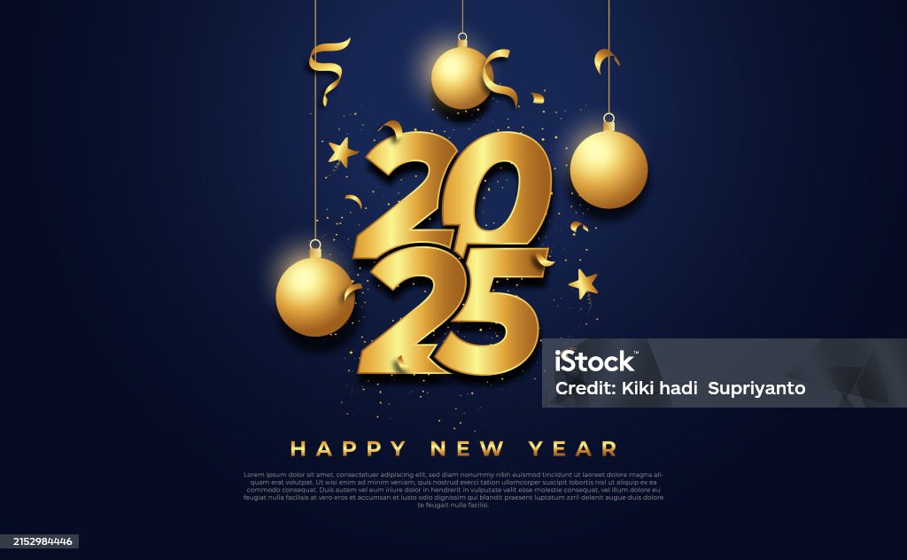 Happy New Year 2025 With Shiny Gold Design Decoration On Blue Dark