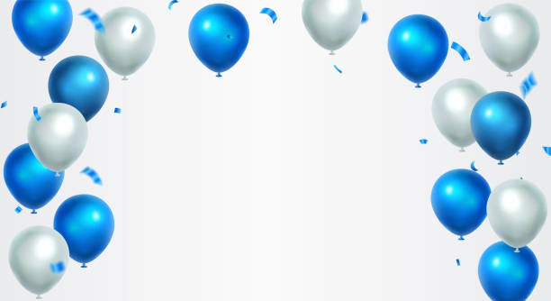 istock Celebration banner with blue and white confetti and balloons 2152984864