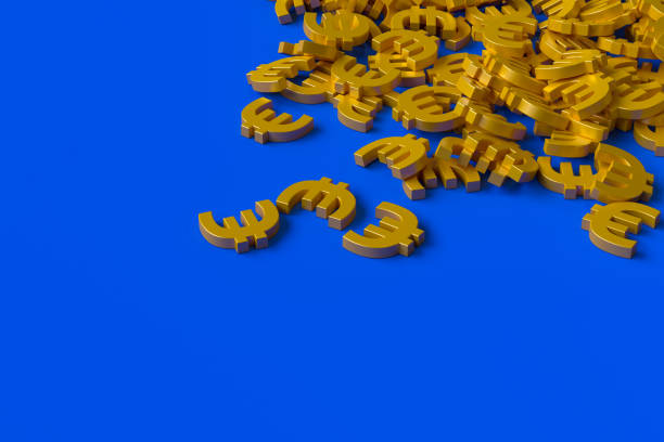 istock Euro Symbols Stacked in Gold on a Blue Background. 3d Rendering 2152984969