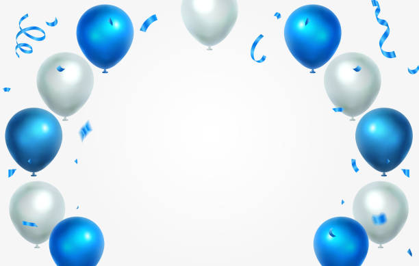 istock Celebration banner with blue and white confetti and balloons 2152985070