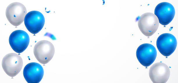 istock Celebration banner with blue and white confetti and balloons 2152985156