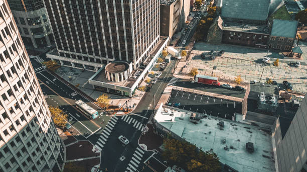 Aerial drone view of downtown Wilmington, Delaware during rush hour