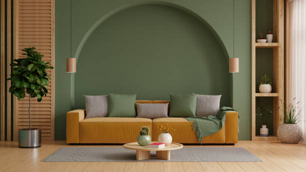 istock Modern living room has an yellow sofa on empty dark green wall background- 3D rendering 2152988008