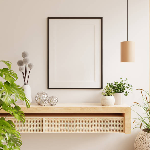 istock Mockup poster frame close up and wood cabinet in cozy white interior background- 3D rendering 2152988052
