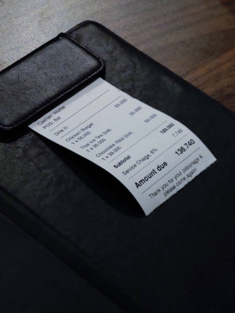 istock Open leather bill holder with restaurant receipt 2153000052
