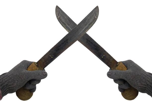 A blurred motion photograph of a hand thrusting a knife at the camera.