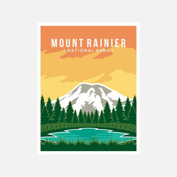 ilustraciones, imágenes clip art, dibujos animados e iconos de stock de diseño de ilustración vectorial de cartel del parque nacional mount rainier - monte rainier