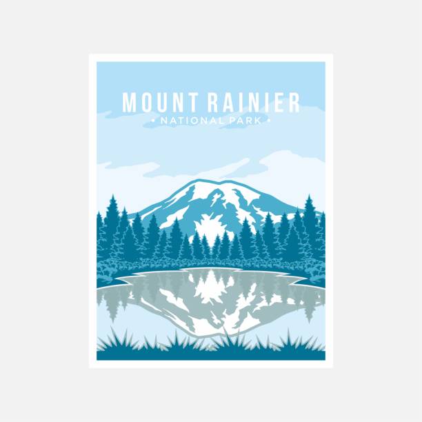 ilustraciones, imágenes clip art, dibujos animados e iconos de stock de diseño de ilustración vectorial de cartel del parque nacional mount rainier - monte rainier