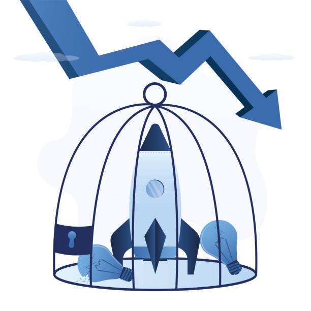 istock Rocket in steel cage. Problems with launch of new project, lack of funding, economic crisis. Slow startup development, spaceship can not take off. 2153006098