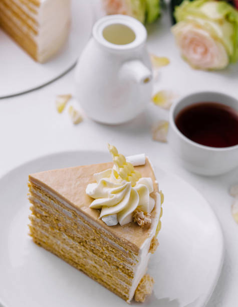 istock Elegant layered cake slice on a white plate 2153006168