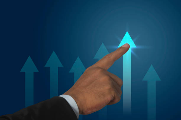 istock Business man hand pointing arrow graph corporate future growth plan. Profit increasing, leadership concept 2153006516