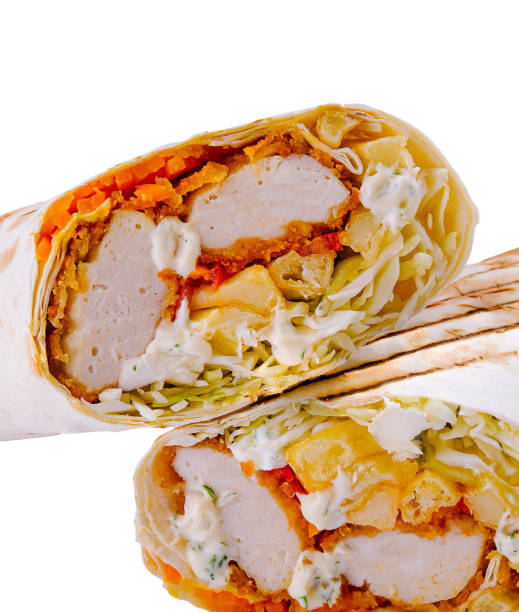 istock Chicken wrap sandwich cut in half isolated on white 2153007351