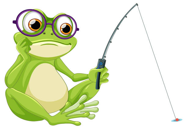 istock Cartoon frog holding a fishing rod, looking cute 2153007910
