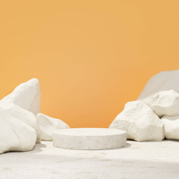 istock Premium 3D | Abstract minimalistic with empty podium set against a backdrop of rock podium with tropical plant summer concept for product display in portrait 2153012284