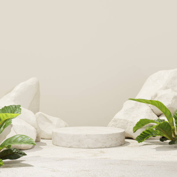 istock Premium 3D | Abstract minimalistic with empty podium set against a backdrop of rock podium with tropical plant summer concept for product display in portrait 2153012304