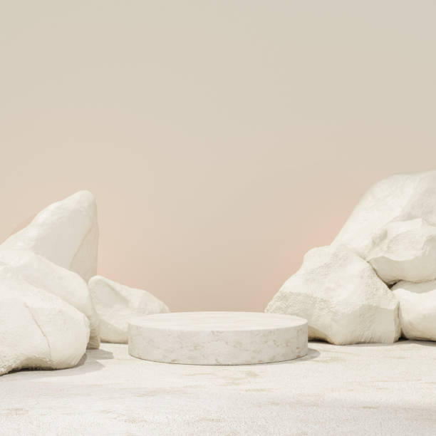 istock Premium 3D | Abstract minimalistic with empty podium set against a backdrop of rock podium with tropical plant summer concept for product display in portrait 2153012309