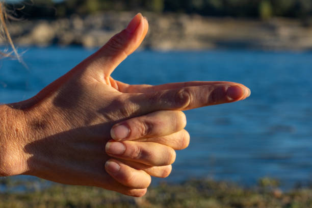 istock Woman's hands doing kali mudra in nature with a lake behind 2153016026