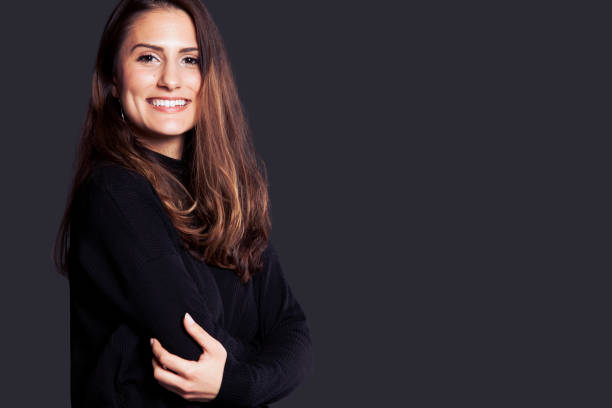 istock Cheerful stylish woman at glittering wall 2153019426