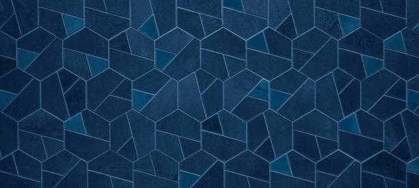 istock Abstract colored dark blue geometric hexagonal hexagon mosaic cement stone concrete tile wall texture background banner 2153029406