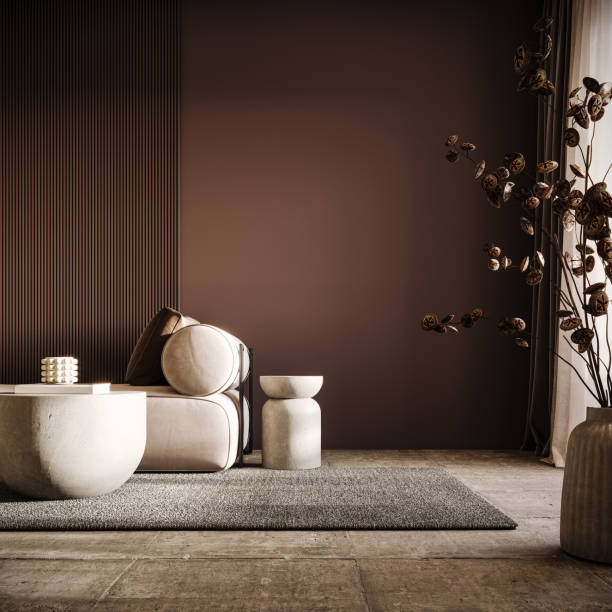 Modern interior with empty dark red wall background. Contemporary home interior design.