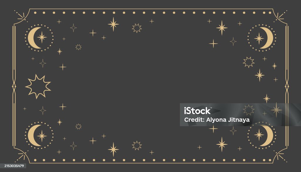 Golden celestial minimal esoteric frame, thin line border, mystyc linear decoration with dots, moon, stars corners isolated on dark background. Geometric shape, tarrot . Tarot Cards stock vector Golden celestial minimal esoteric frame, thin line border, mystyc linear decoration with dots, moon, stars corners isolated on dark background. Geometric shape, tarrot . Tarot Cards stock vector