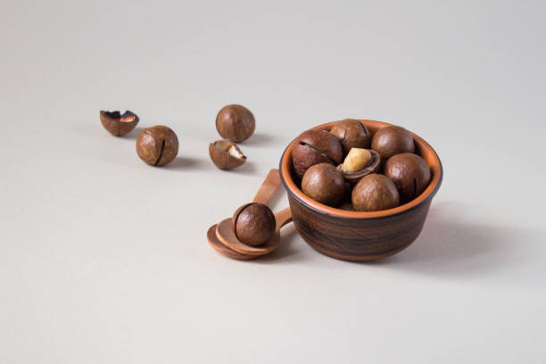 istock Macadamia nuts in ceramic bowl on beige background. Nuts with sawn nutshells and with opener key on the wooden spoon. Healthy snack, superfood. 2153038017