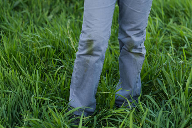 An unrecognizable child with green knees on a green background. Spoiled clothes. Daily life dirty stain.outdoors.
