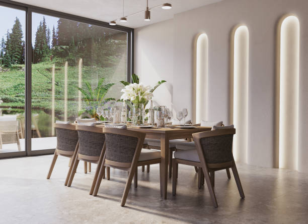 istock Modern Luxury Dining Room Interior with Lake and Landscape View. 3D Modelling. 2153040584