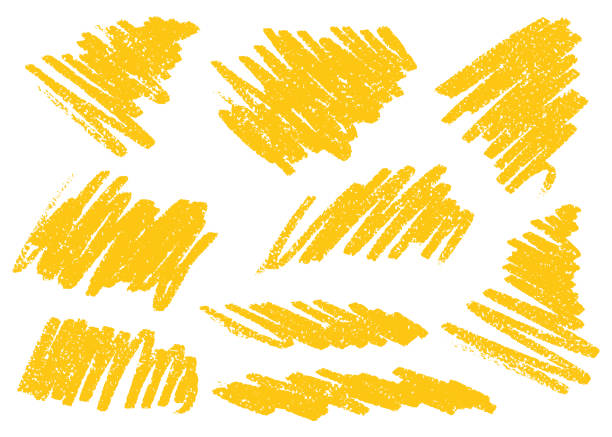 Yellow charcoal, crayon lines, circles and strokes. Doodle pencil lines and grunge chalk drawings. Hand drawn crayon strokes textures . Vector illustration