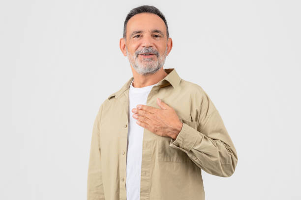 istock Elderly man with hand on heart gesture 2153052430
