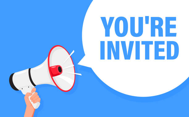 istock You are invited. Hand hold megaphone speaker for announce. Attention please. Shouting people, advertisement speech symbol 2153063204