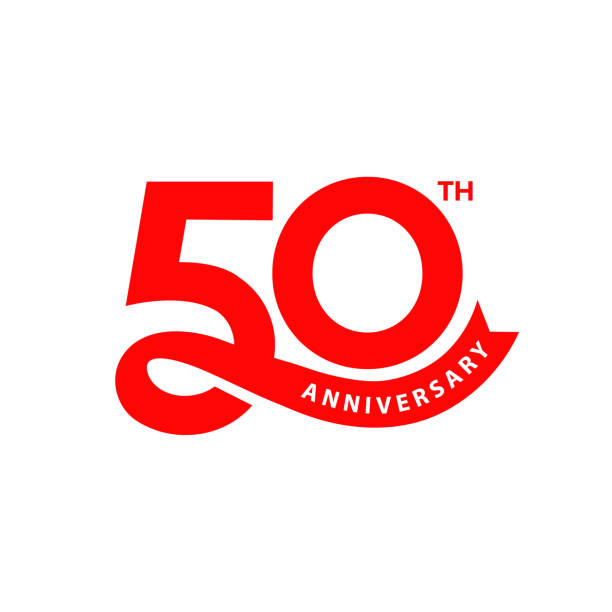 50 years anniversary logo in modern minimal concept. 50th anniversary template, icon, stamp, label with ribbon. Company or person Birthday celebration greeting card sign and symbol.
