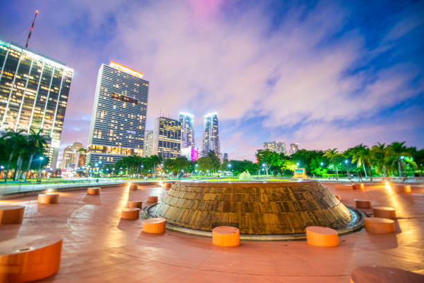 Downtown Miami buildings and skyscrapers at sunset from Bayfront Park.
