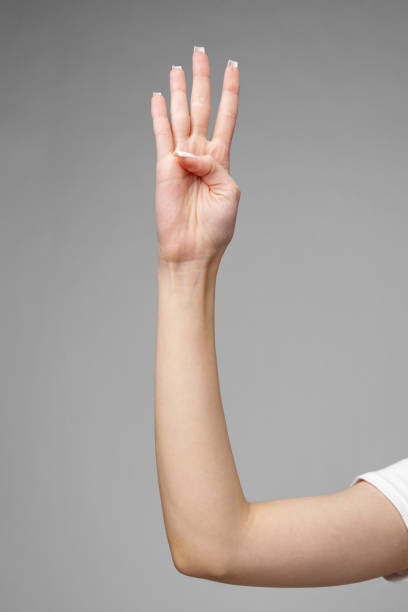 istock Female hand gesturing sign against gray background 2153065078