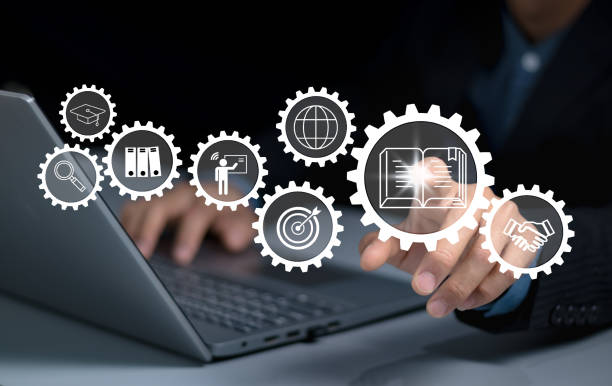 istock Concept of Online education. man use Online education training and e-learning webinar on internet for personal development and professional qualifications. Digital courses to develop new skills. 2153070989