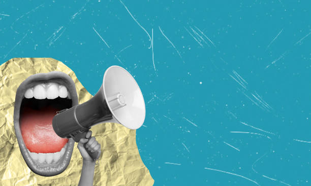 istock Human hand with megaphone and female open mouth on blue background. 2153071833