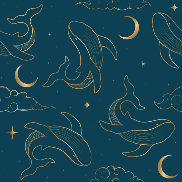 dreamlike seamless background seamless pattern with golden outline whale and clouds on starry sky cloud outline background stock illustrations
