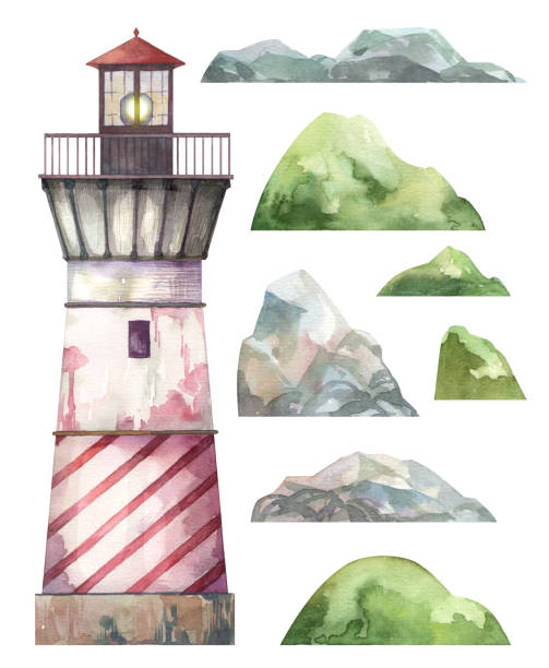 istock Lighthouse tower with rocky landscape and green grass hills 2153079142