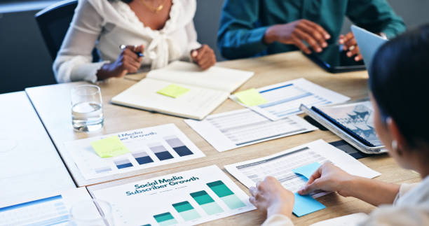 istock Business hands, documents and sticky note on graphs, charts and statistics for market research. People, data analyst with feedback or project management, ideas and teamwork for growth in meeting 2153079805