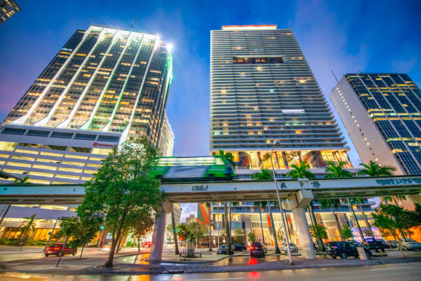 Downtown Miami buildings at sunset from Biscayne Boulevard and Bayfront Park, Florida